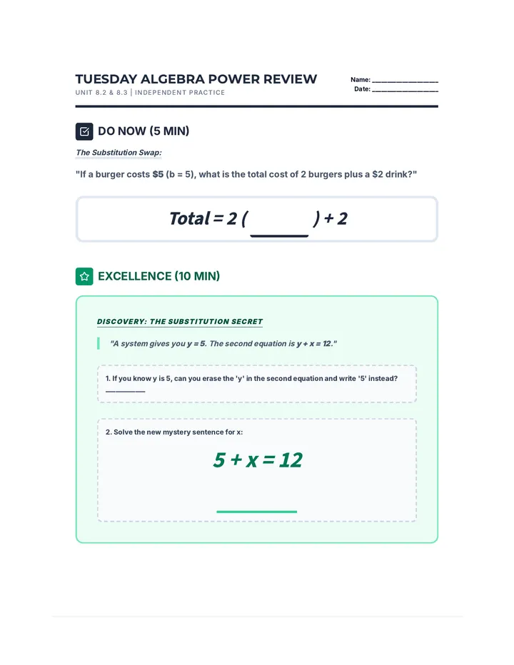 Tuesday Algebra Power Review Worksheet