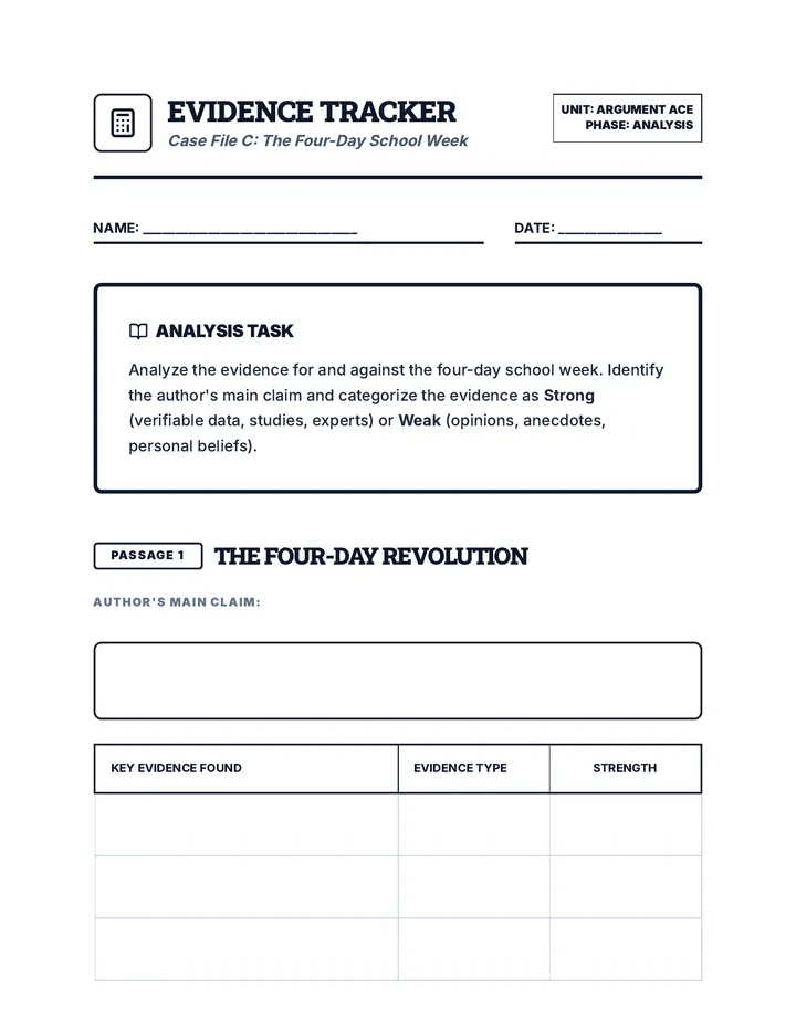 School Week Evidence Tracker Worksheet