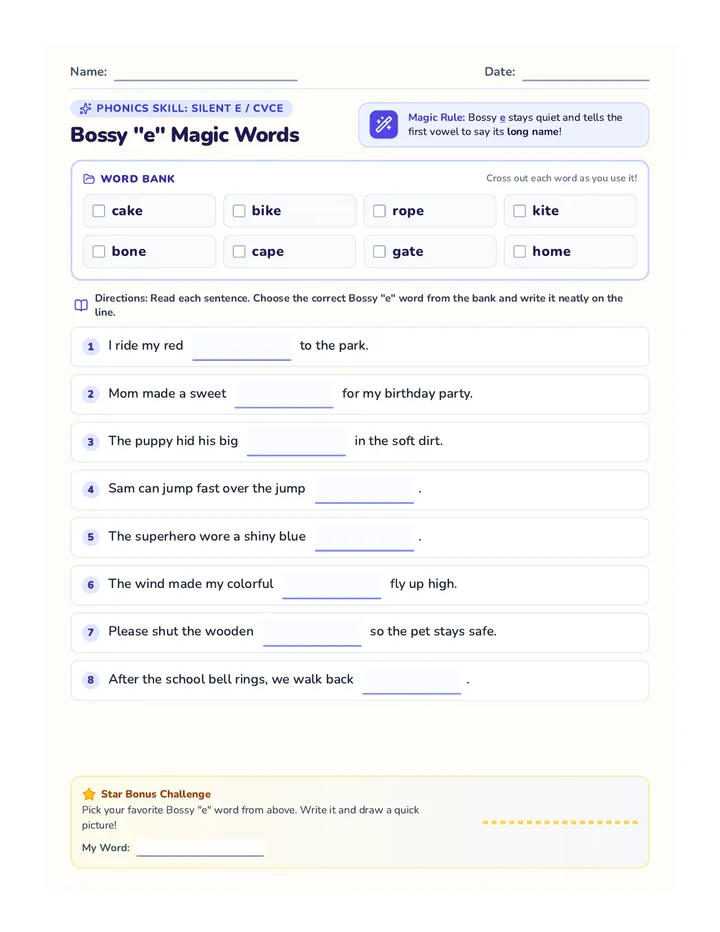 Bossy E Practice Worksheet