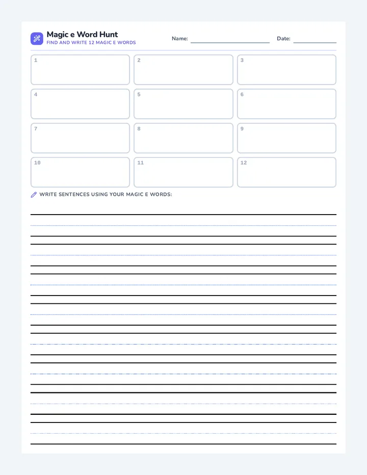 Magic e Word Hunt Worksheet