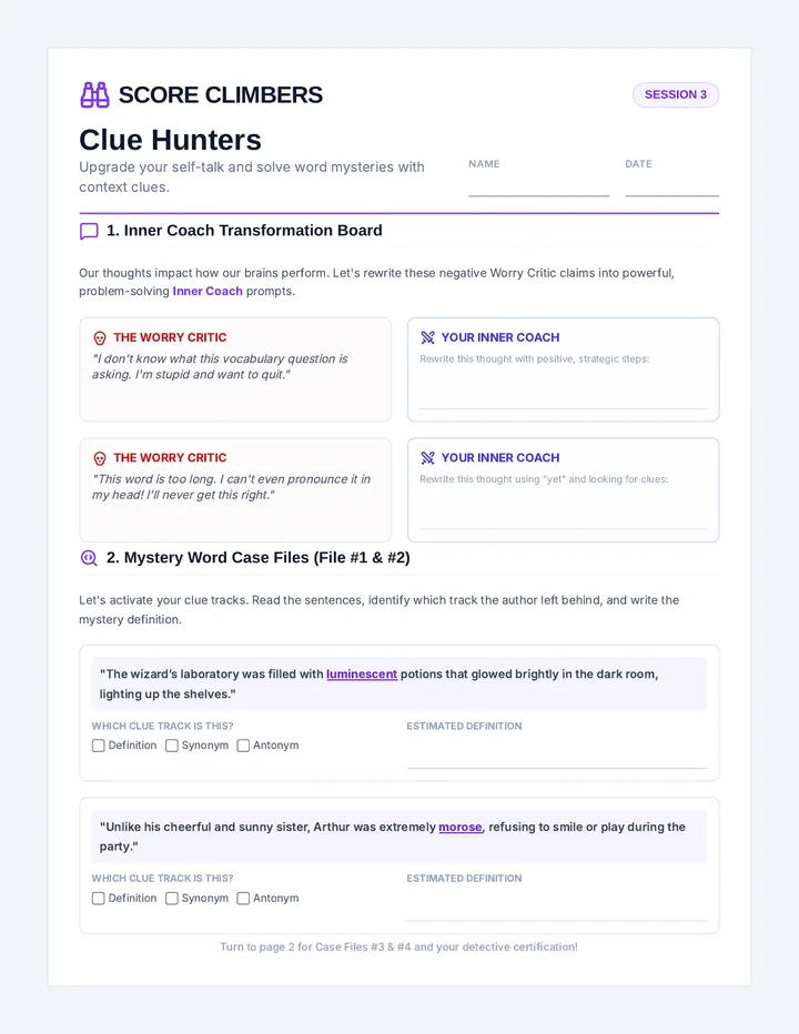 Clue Hunters Worksheet