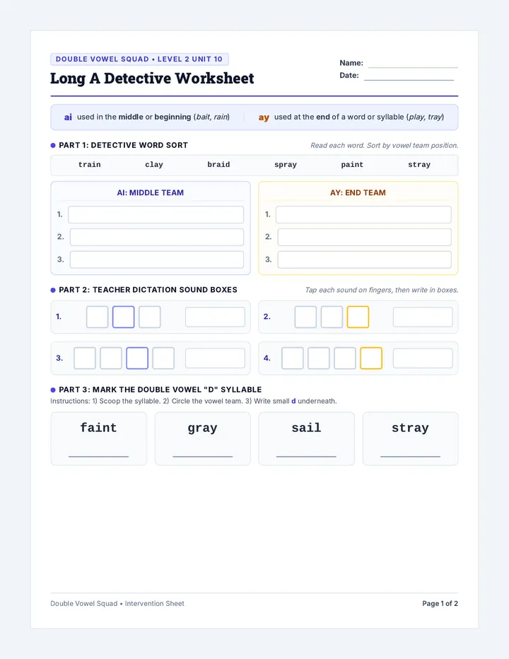 Long A Detective Worksheet