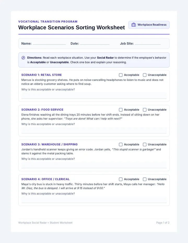 Workplace Scenarios Sorting Worksheet