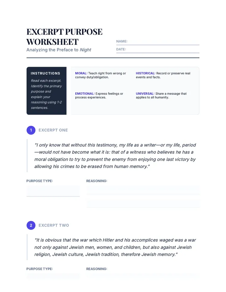 Excerpt Purpose Worksheet