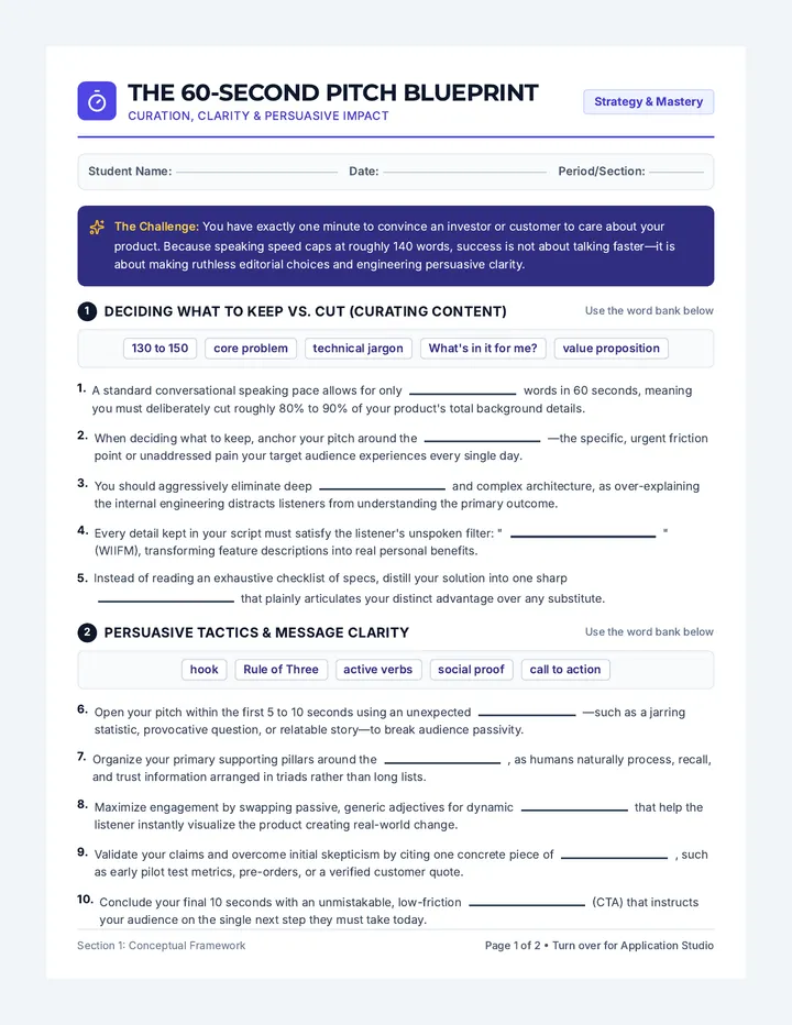 Sixty Second Pitch Worksheet