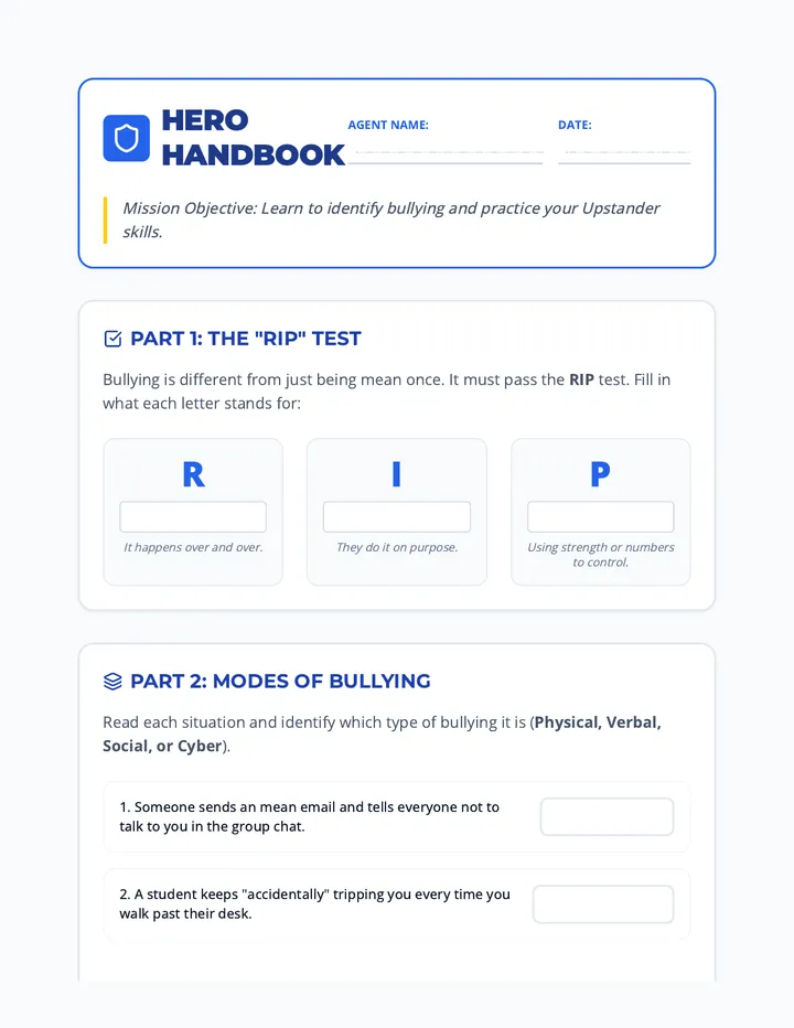 Hero Handbook Worksheet