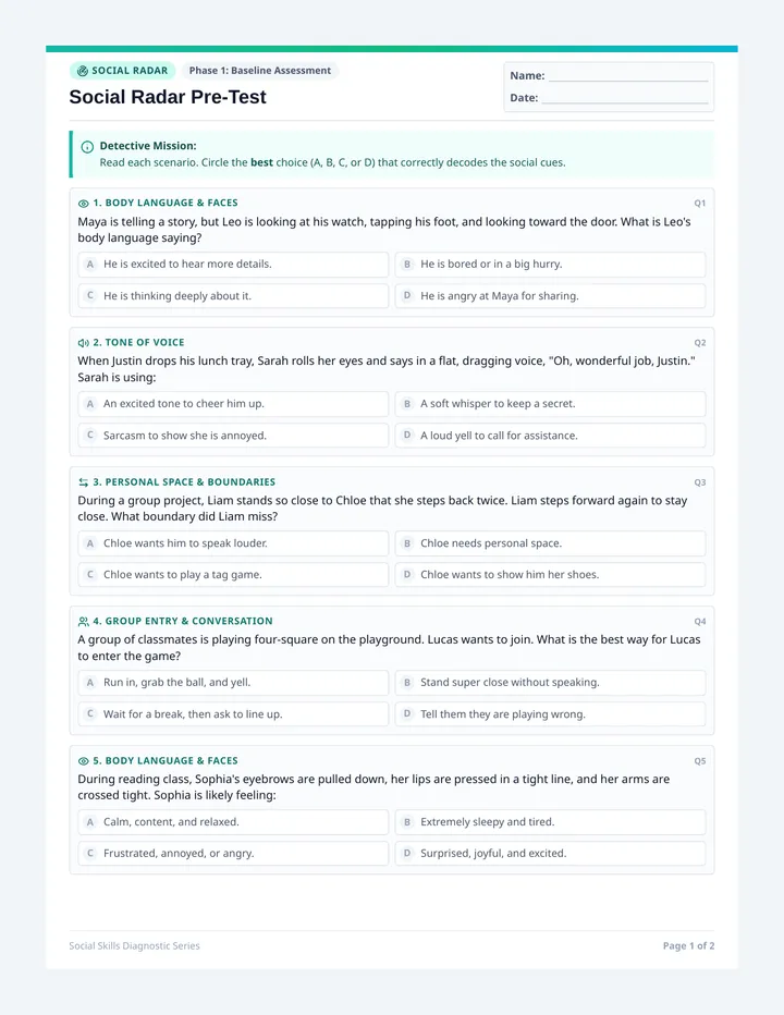 Social Radar Pre Test Worksheet