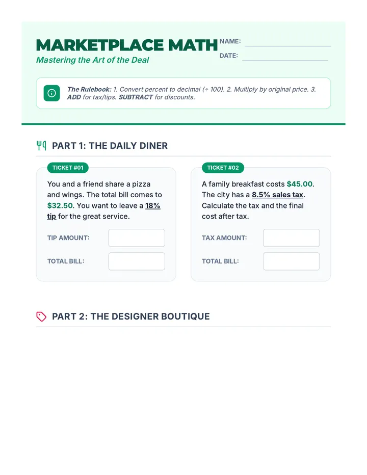 Marketplace Math Worksheet