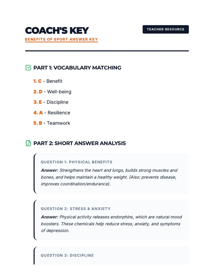 Benefits of Sport Answer Key