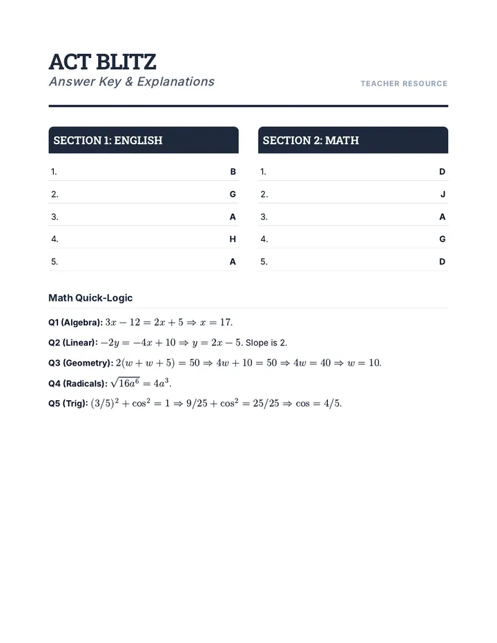 ACT Blitz Answer Key