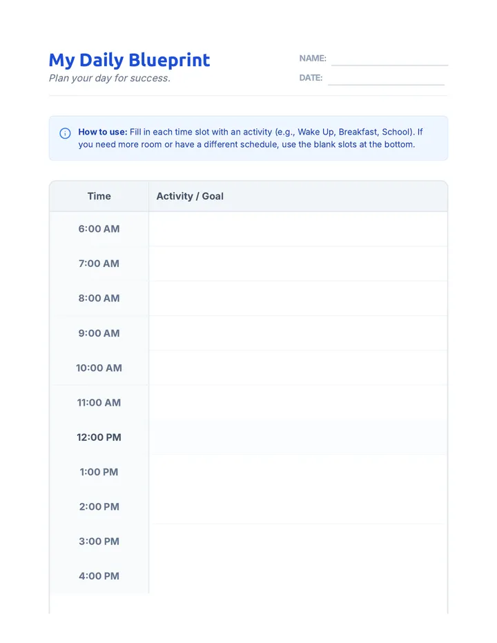 Daily Schedule Blueprint Worksheet