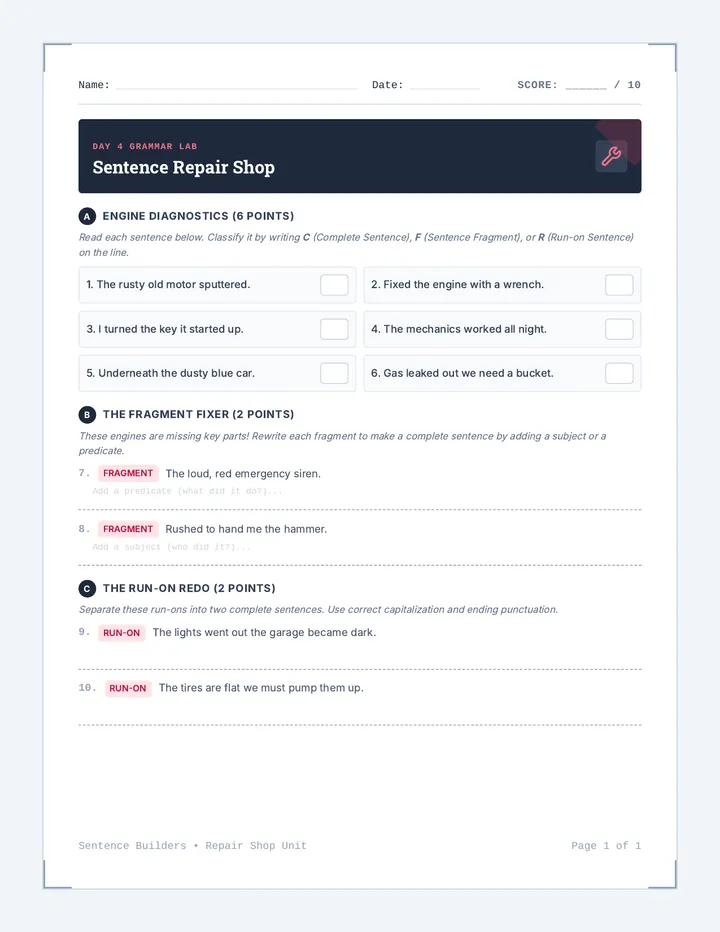 Sentence Repair Worksheet