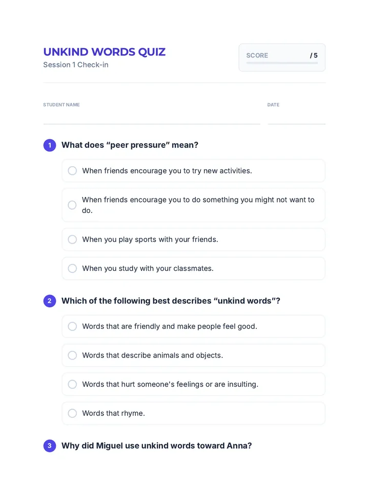 Unkind Words Understanding Quiz