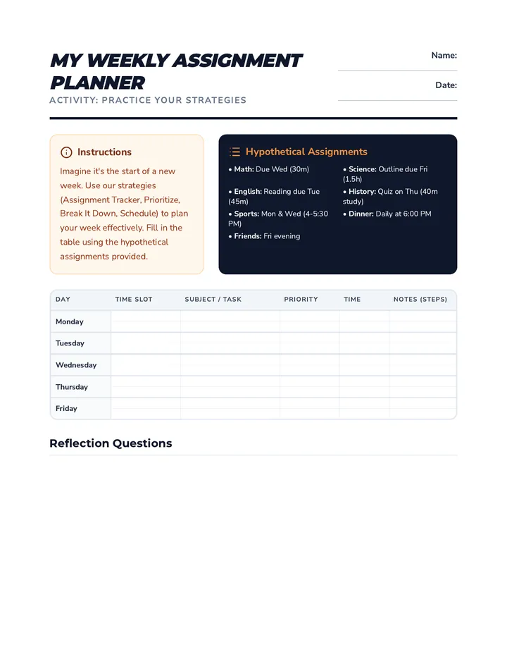 My Weekly Assignment Planner Worksheet