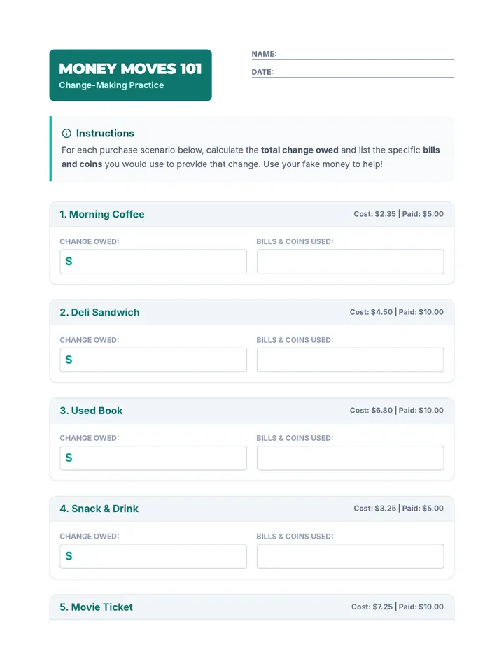 Change-Making Practice Worksheet