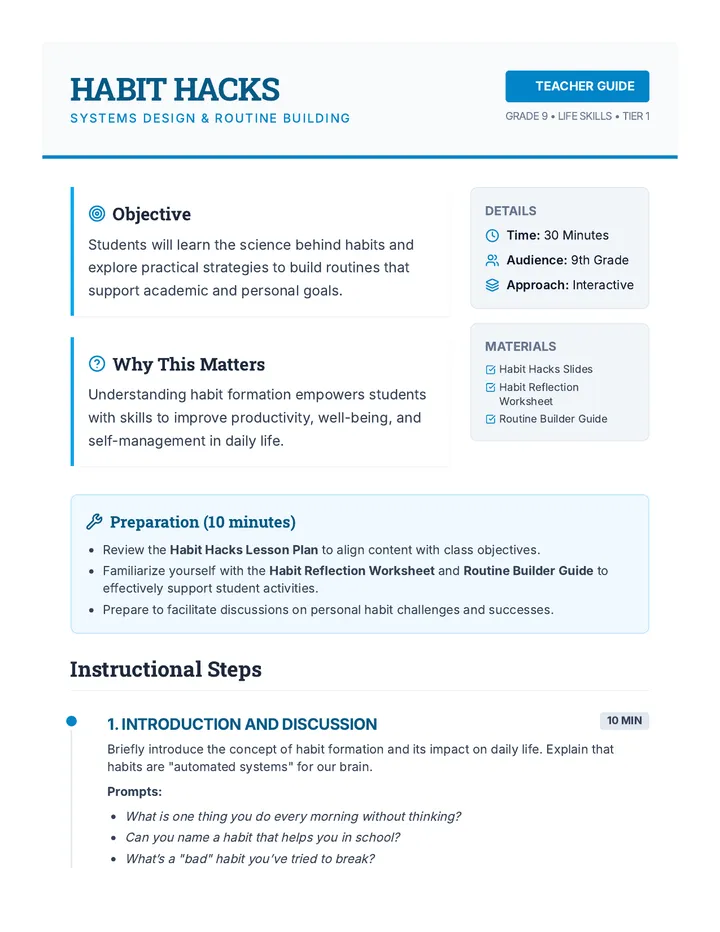 Habit Hacks Lesson Plan
