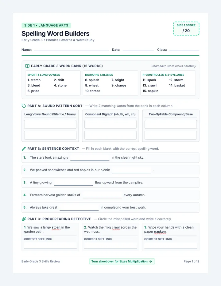 Spelling Sixes Worksheet