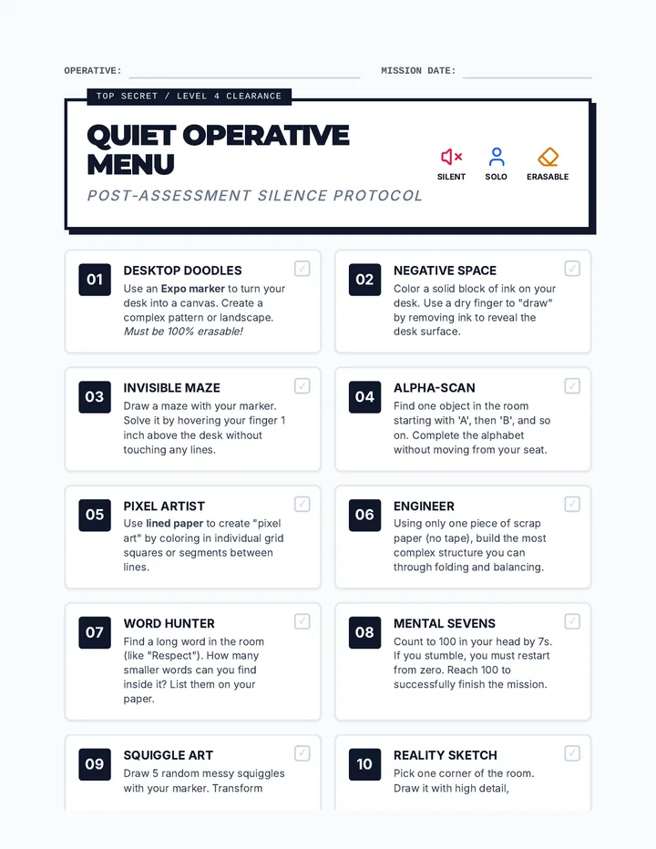 Quiet Operative Menu Handout page 1