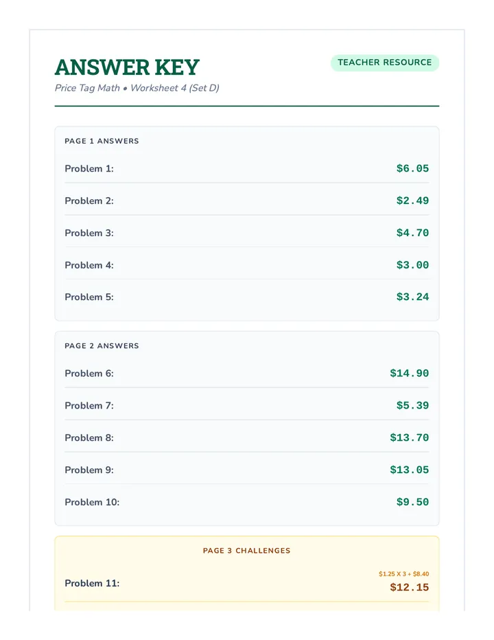 Price Tag Math Answer Key 4