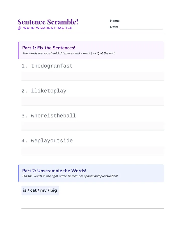 Sentence Scramble Worksheet