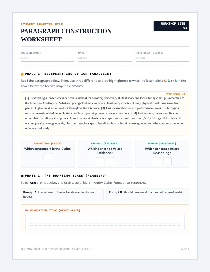 Paragraph Construction Worksheet