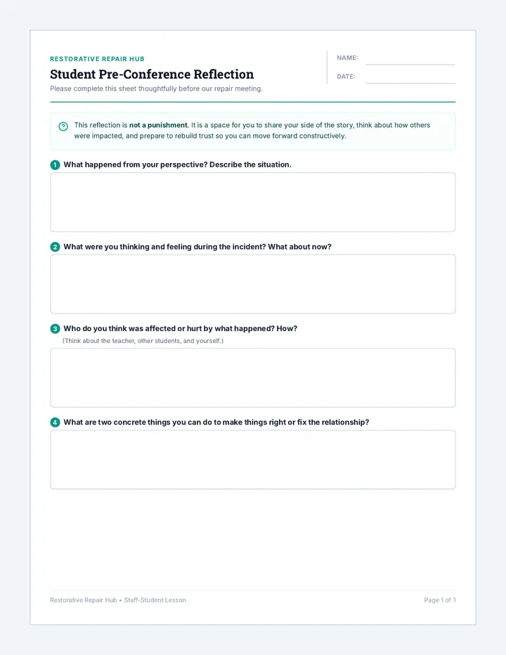 Staff Student Student Reflection Sheet