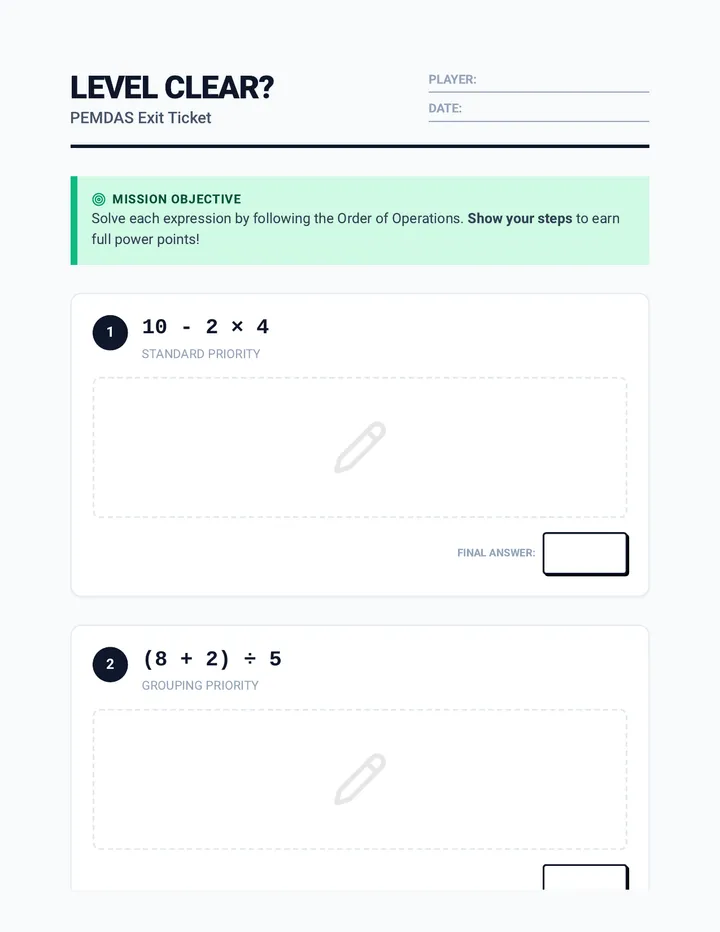 PEMDAS Exit Ticket Worksheet