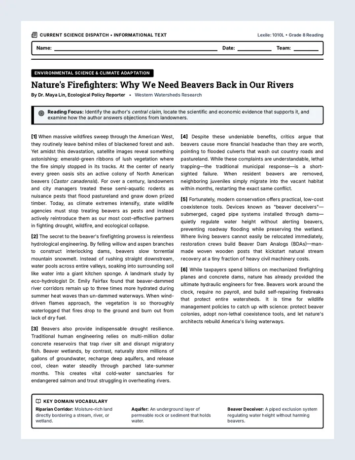 Beaver Architects Article Worksheet