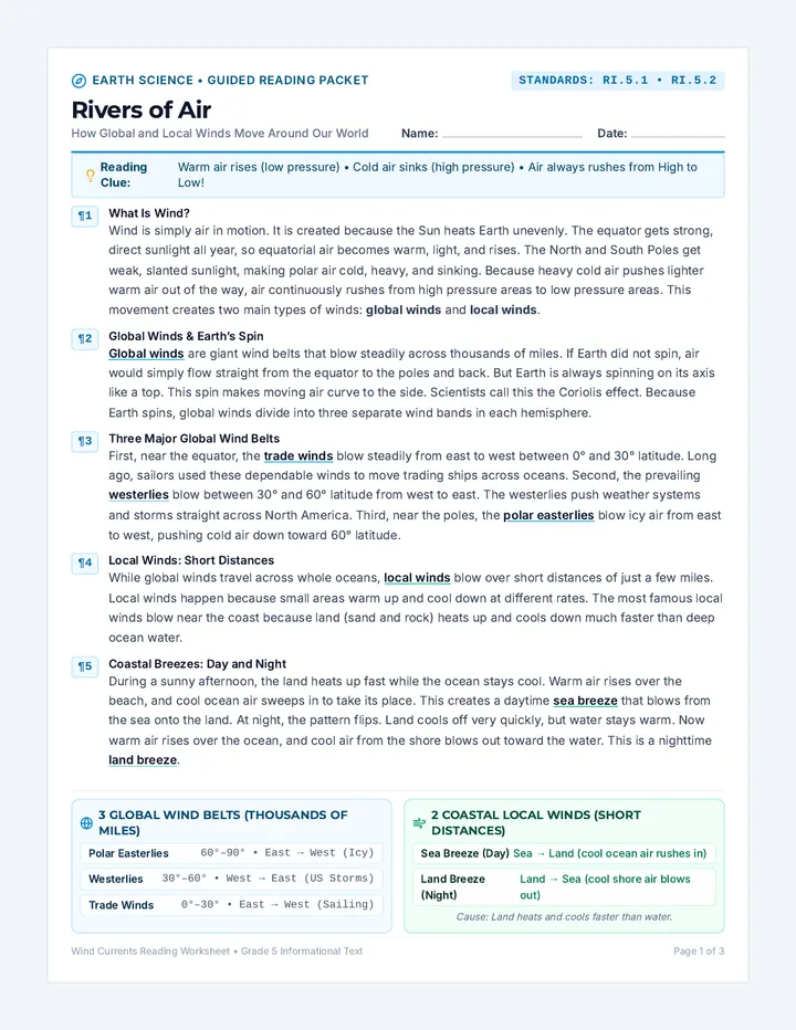 Wind Currents Reading Worksheet