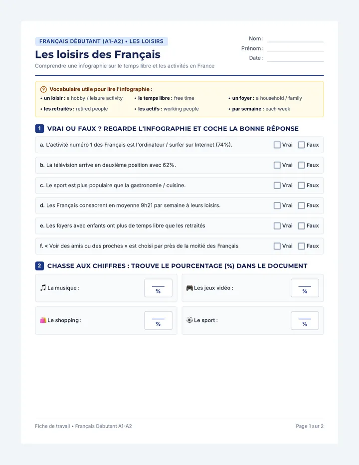 Loisirs Francais Worksheet