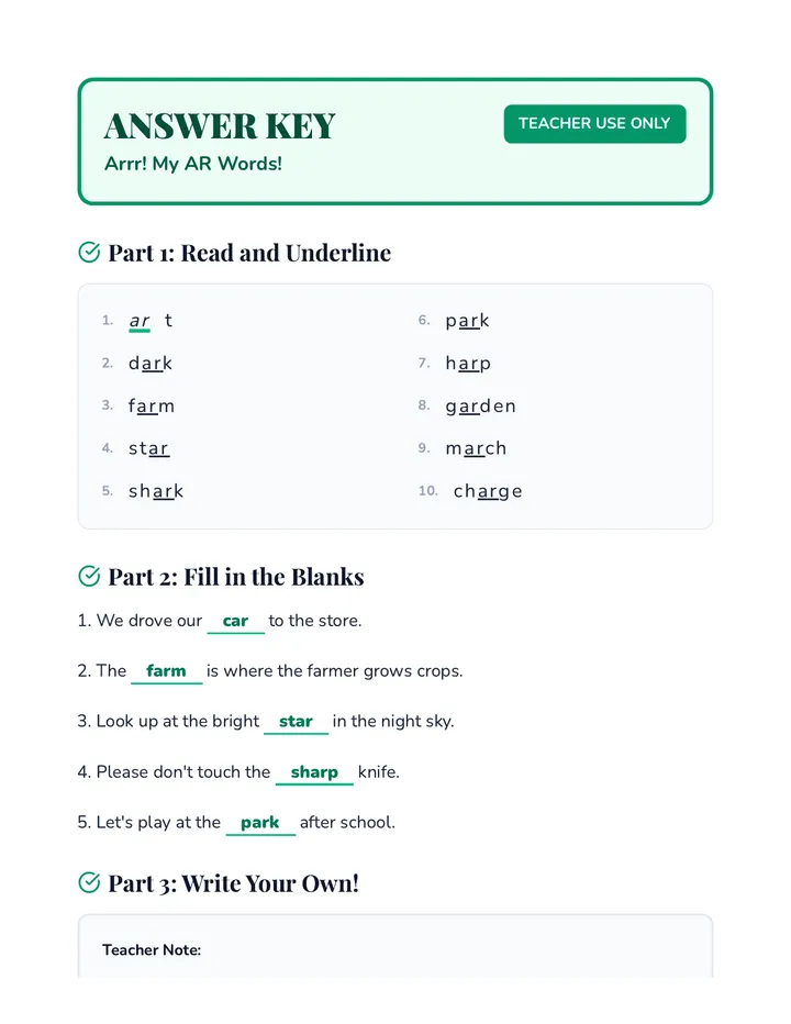 Arrr My AR Words Answer Key