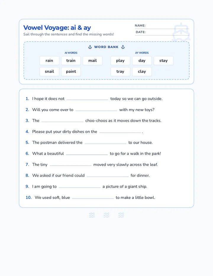 Vowel Voyage ai ay Worksheet