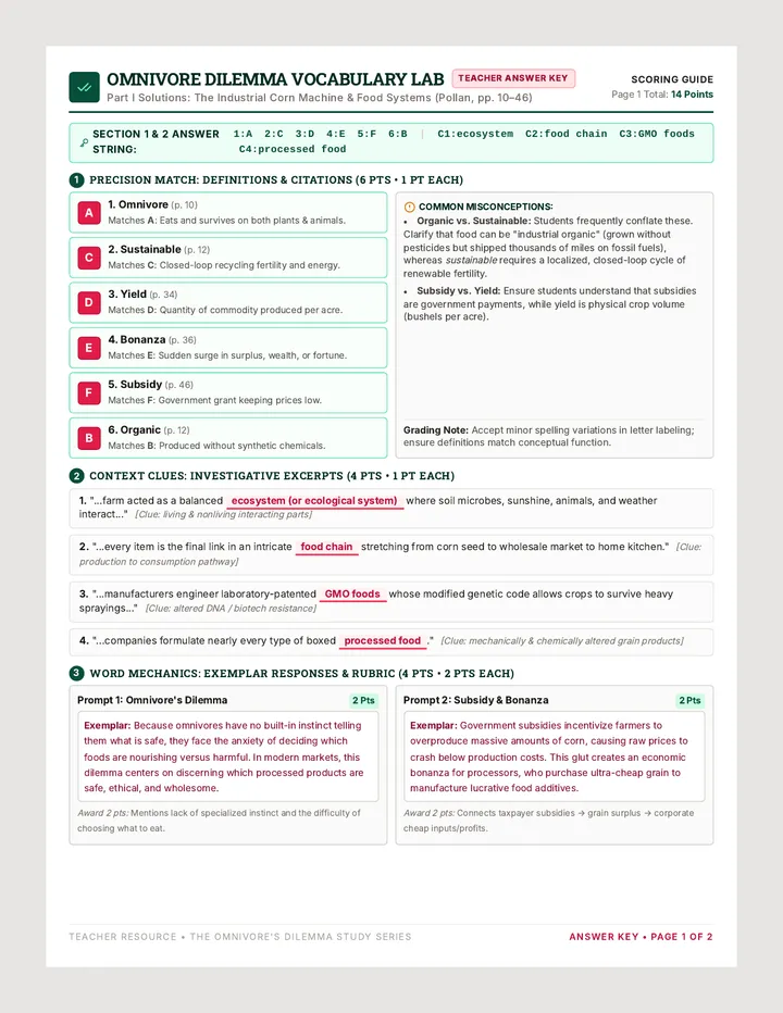 Omnivore Dilemma Answer Key