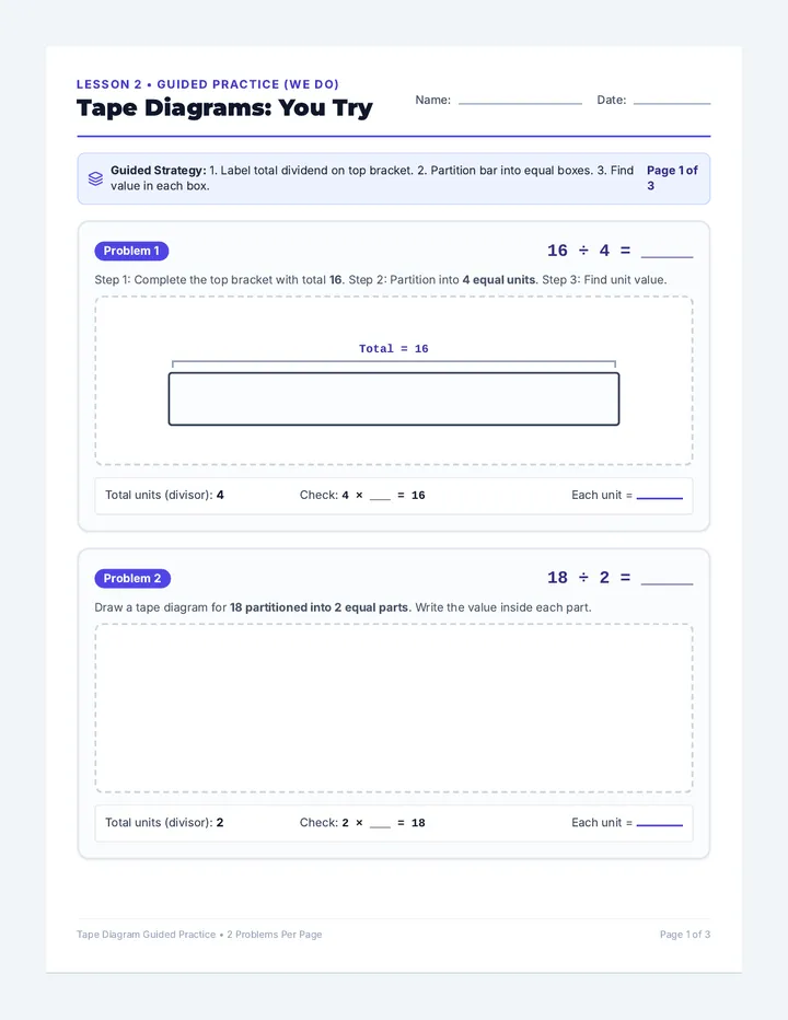 Tape Diagram Guided Practice Worksheet