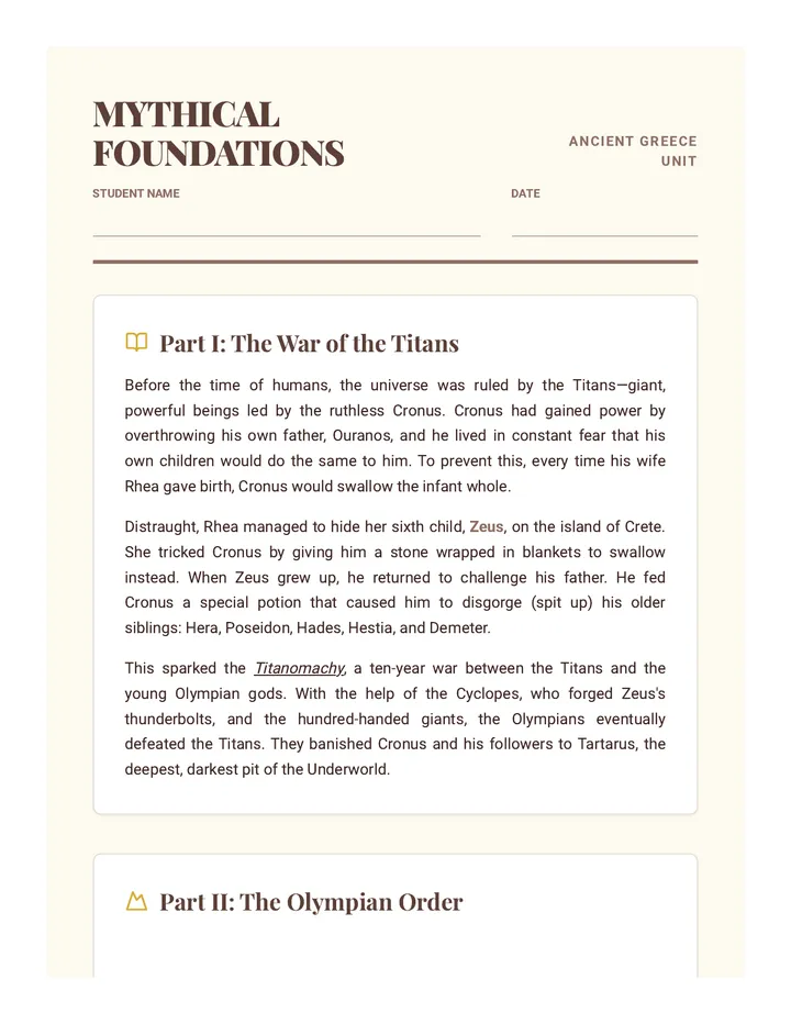 Mythical Foundations Worksheet