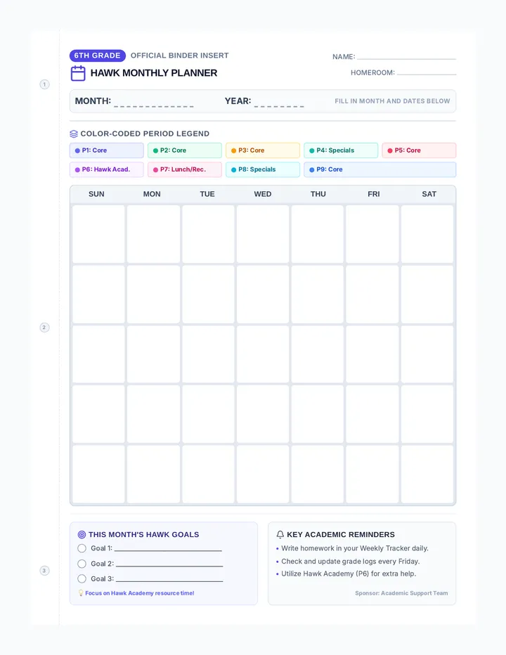 Hawk Monthly Calendar