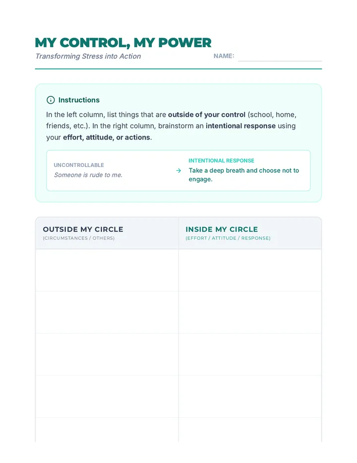 Circle of Control Activity Worksheet