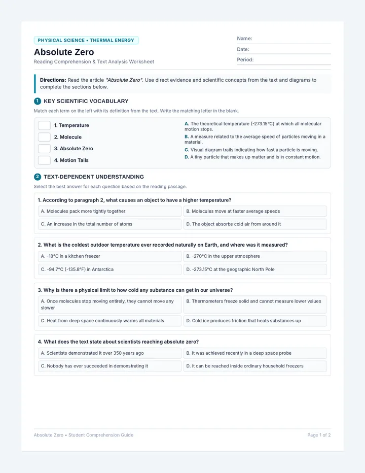 Absolute Zero Comprehension Worksheet