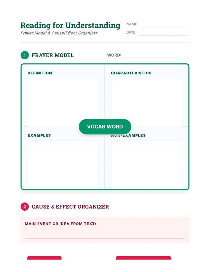 Frayer Model and Cause and Effect Worksheet