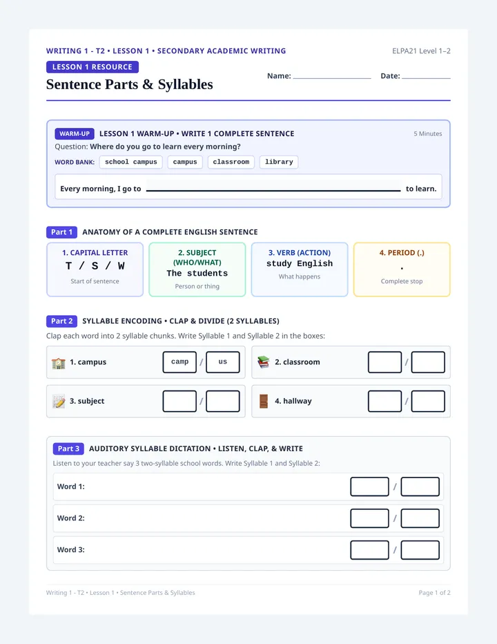 Sentence Parts Activity Sheet