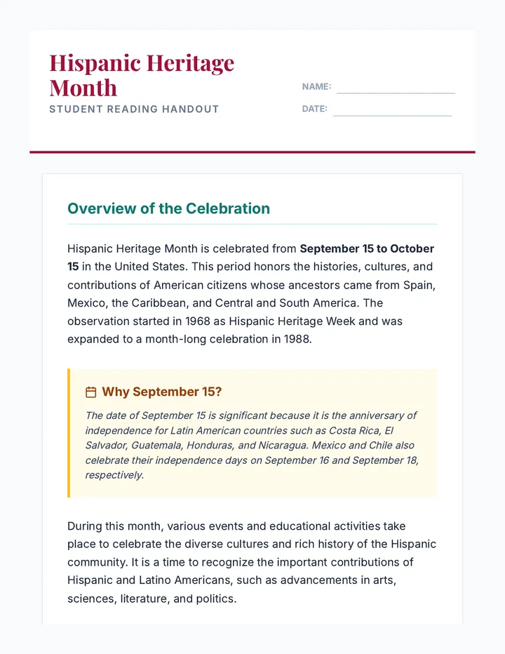 Hispanic Heritage Reading Handout
