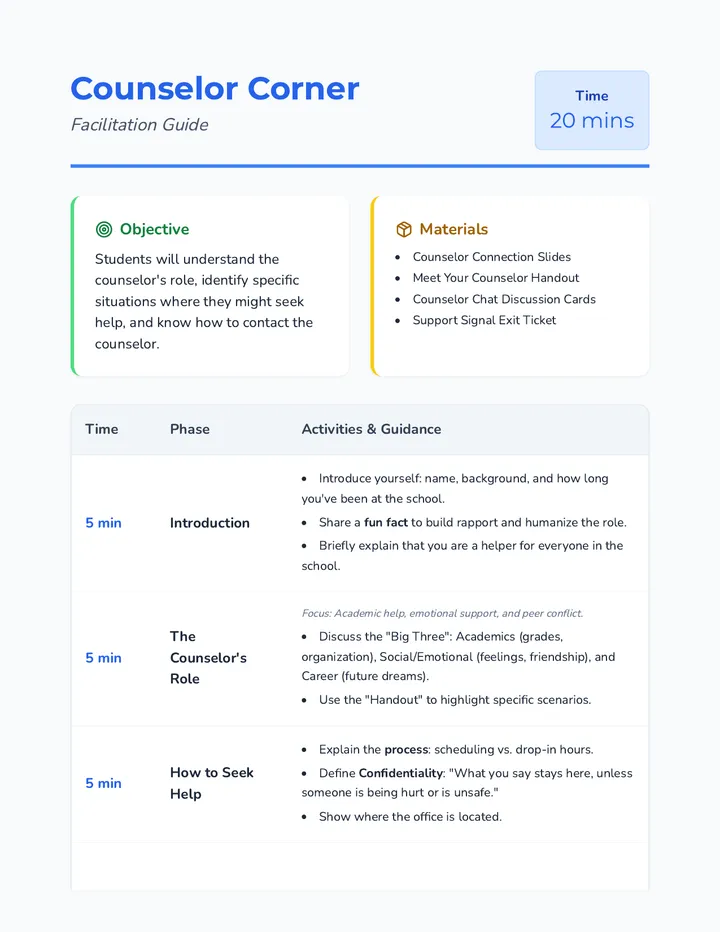 Counselor Corner Facilitation Guide