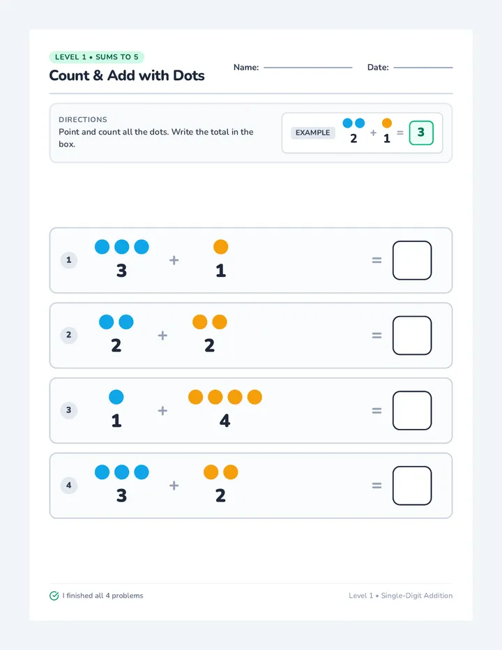 Touch Dots Level One Worksheet