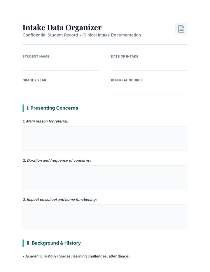 Intake Data Organizer Worksheet