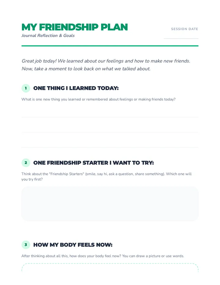 Friendship Plan Journal Sheet