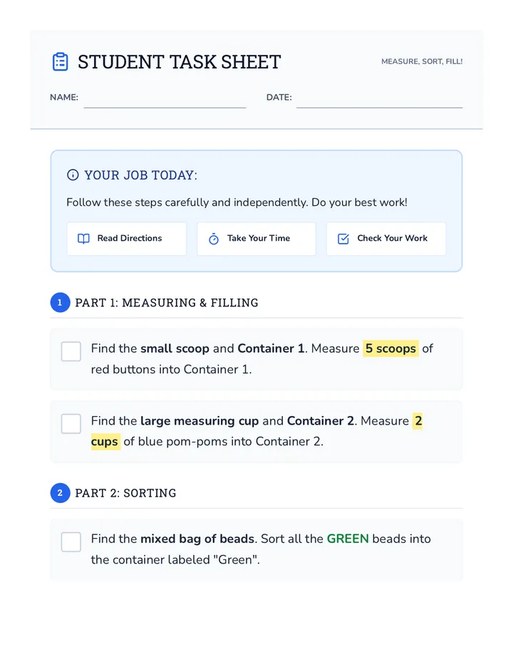 Measure Sort Fill Task Sheet