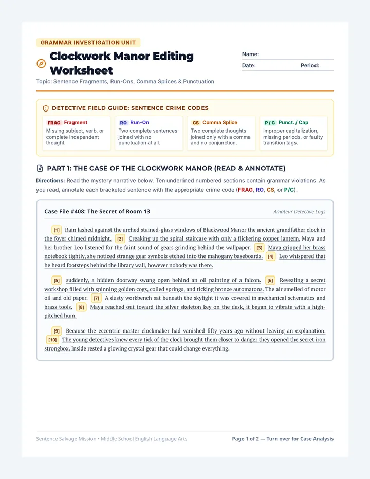 Clockwork Manor Editing Worksheet