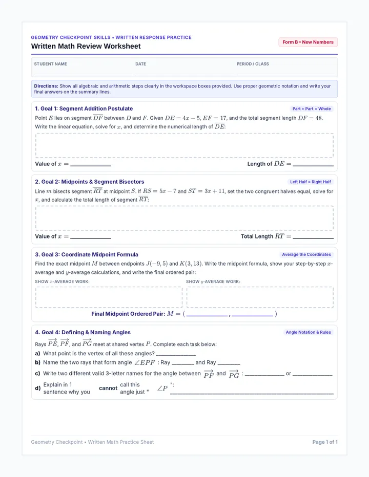 Written Math Review Worksheet