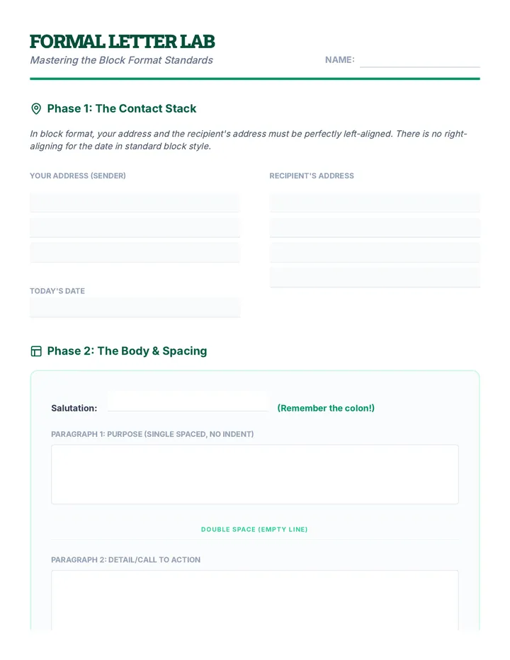 Formal Letter Lab Worksheet