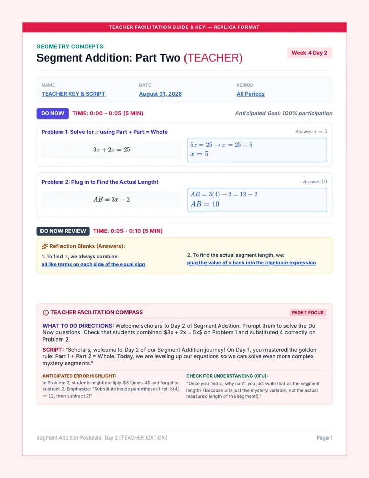 Segment Addition Day 2 Teacher Packet